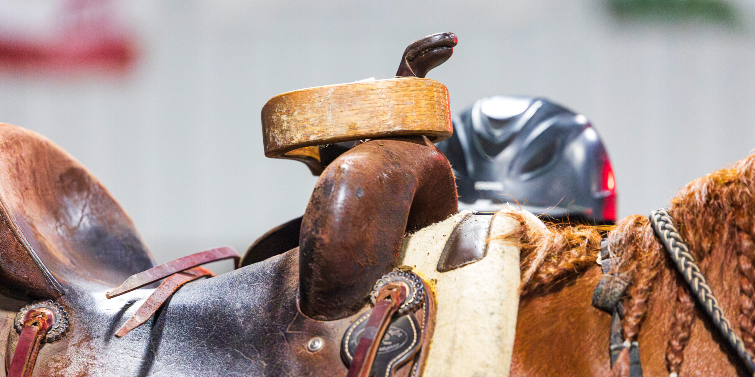 Barrel saddle with stirrup hanging on the horn.